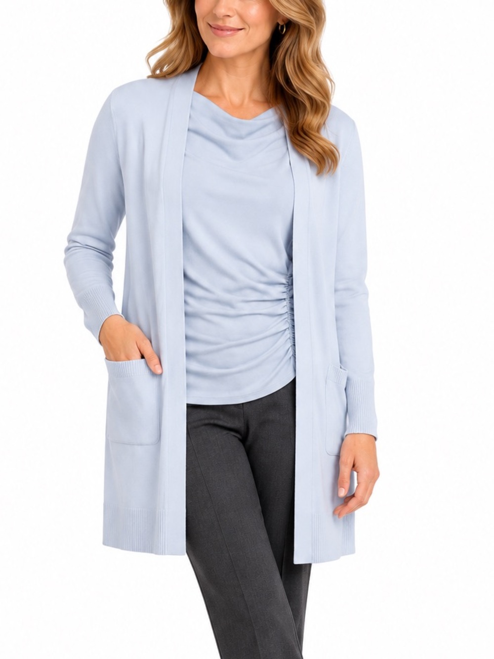Nine West 2 Piece Light Periwinkle Blue Cardigan Ruched Sleeveless Top Set L/XL